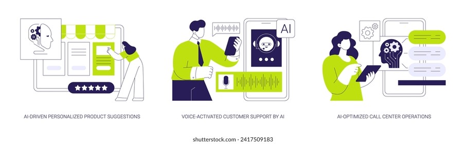 conjunto de ilustraciones vectoriales de concepto abstracto de servicio al cliente de AI. Sugerencias de productos personalizadas impulsadas por IA, soporte al cliente con activación de voz, metáfora abstracta de operaciones con call center optimizada por IA.