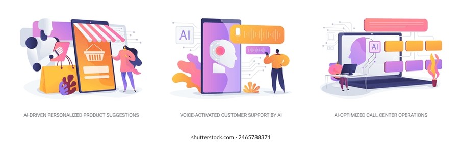 AI Customer Service abstract concept vector illustration set. AI-Driven Personalized Product Suggestions, Voice-Activated Customer Support, AI-Optimized Call Center Operations abstract metaphor.