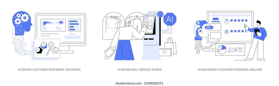 AI para o conjunto de ilustração vetorial de conceito abstrato do Serviço de Atendimento ao Consumidor. AI-Driven Customer Sentiment Heatmaps, AI-Driven Self-Service Kiosks, AI-Enhanced Customer Feedback Analysis metáfora abstrata.