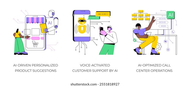 Conjunto de ilustração vetorial do conceito abstrato do Serviço de Atendimento ao Consumidor de IA. Sugestões de produtos personalizados baseados em IA, suporte ao cliente ativado por voz, metáfora abstrata de operações de call center otimizadas por IA.