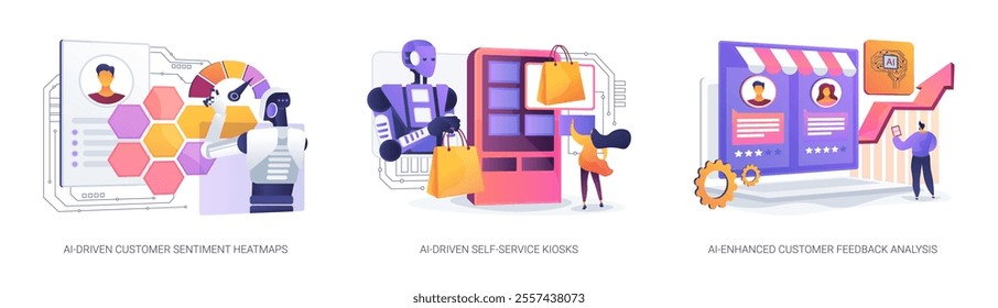 AI for Customer Service abstract concept vector illustration set. AI-Driven Customer Sentiment Heatmaps, AI-Driven Self-Service Kiosks, AI-Enhanced Customer Feedback Analysis abstract metaphor.