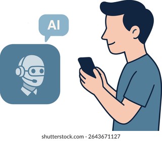 AI Serviço ao Cliente Bot Assisting Person via Smartphone - Ilustração de vetor moderna plana