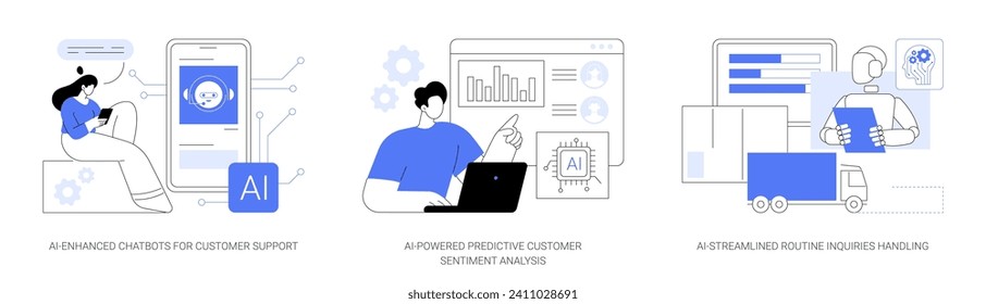 AI in Customer Support abstract concept vector illustration set. AI-Enhanced Chatbots for Customer Support, Predictive Customer Sentiment Analysis, Routine Inquiries Handling abstract metaphor.