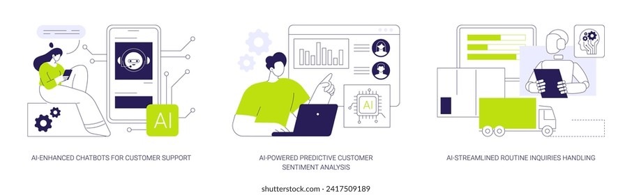 AI in Customer Support abstract concept vector illustration set. AI-Enhanced Chatbots for Customer Support, Predictive Customer Sentiment Analysis, Routine Inquiries Handling abstract metaphor.