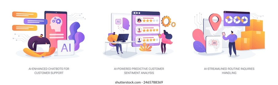 AI in Customer Support abstract concept vector illustration set. AI-Enhanced Chatbots for Customer Support, Predictive Customer Sentiment Analysis, Routine Inquiries Handling abstract metaphor.