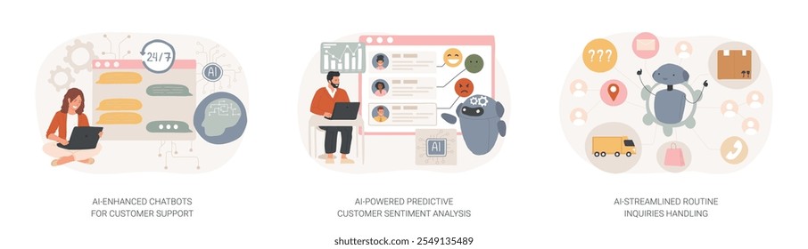 AI en conjunto de Ilustración vectorial de concepto abstracto de Asistencia al cliente. Chatbots mejorados por IA para Asistencia al cliente, análisis predictivo del sentimiento del Cliente, consultas de rutina que manejan metáforas abstractas.