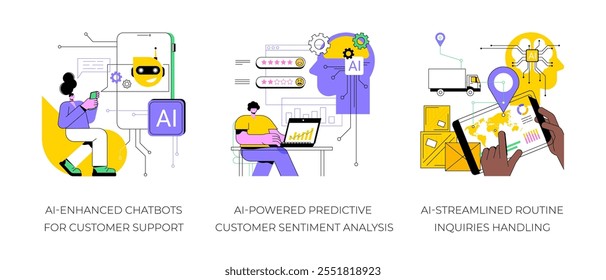 AI in Customer Support abstract concept vector illustration set. AI-Enhanced Chatbots for Customer Support, Predictive Customer Sentiment Analysis, Routine Inquiries Handling abstract metaphor.