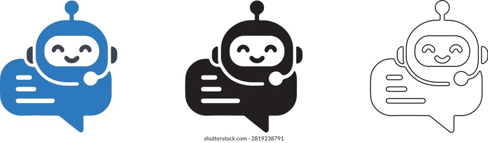 AI Customer Support Chat Icon Set, Artificial Intelligence Assistant, Friendly Chatbot Messaging, Black Blue Outline Vector Pictogram Collection