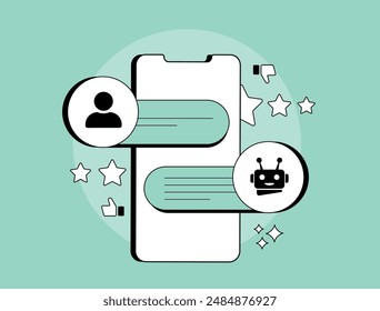 AI customer support with chatbots, automated responses, virtual assistants, machine learning. Ai agents natural language processing with customer service automation. Isolated flat vector illustration