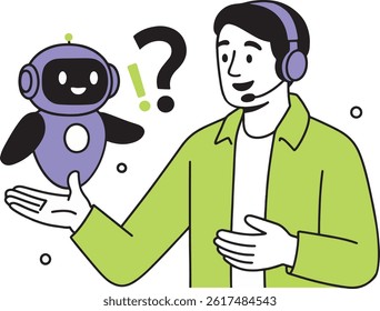 AI Customer Support: Man and Robot Helper, Vector Illustration