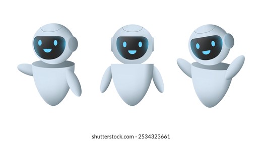 AI Mascote bonito em várias pose. Conjunto de robôs de bate-papo 3d. Ajuda assistência, dispositivo de suporte de inteligência artificial. Renderização robótica inteligente. Ilustração isolada de vetor.