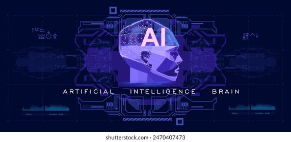 ANUNCIO cibernético de IA. Concepto de inteligencia artificial. Sistema cerebral humano integrado con inteligencia artificial. Cabeza humana y conexión de inteligencia artificial en proyección holográfica 3D