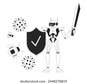 AI cyber defense black and white 2D illustration concept. Robot shield virus bugs cartoon outline character isolated on white. Artificial intelligence cybersecurity metaphor monochrome vector art