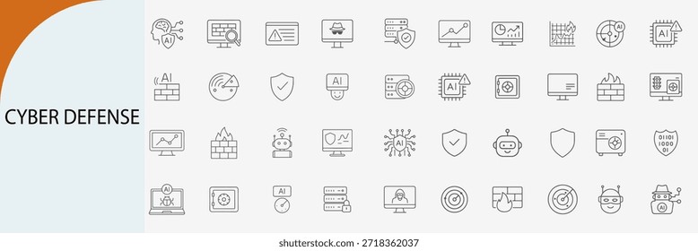 AI cyber defense and network security line icon set, smart data protection and digital firewall symbols, flat vector illustration