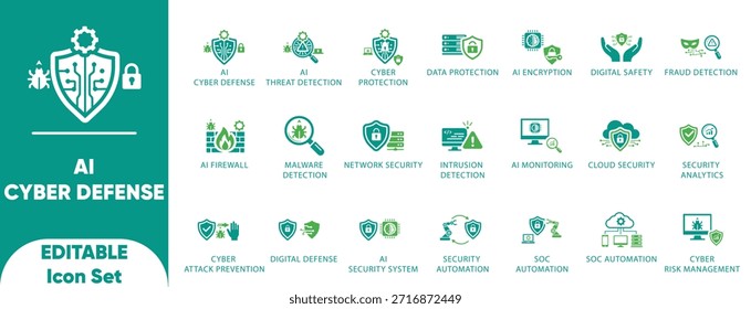 VECTORES de seguridad y defensa cibernética de IA. Cuenta con escudo, firewall, malware y símbolos de cifrado. Ideal para App en seguridad, informes técnicos y análisis de amenazas.
