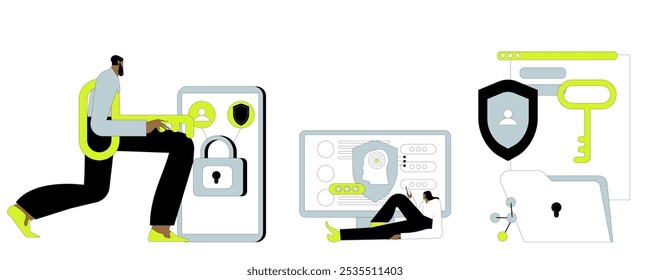 AI cyber security set. Characters use artificial intelligence technology for data protection, cybersecurity, privacy. AI-powered secure network concept. Vector illustration.