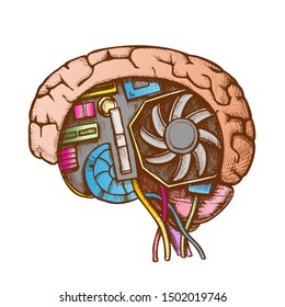 Ai Cyberntic Brain Side View Color Vector. Motherboard, Cooler And Computer Details In Form Of Human Brain. Artificial Intelligence Designed In Retro Style Illustration