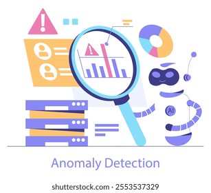 AI Cybersecurity concept. Anomaly detection with intelligent data analysis. AI robot analyzing charts through magnifying glass. Vector illustration.