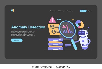 AI Cybersecurity concept. Digital anomaly detection interface with a robot analyzing data. Network protection, threat monitoring and assessment. Vector illustration.