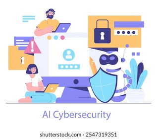 Concepto de ciberseguridad de IA. Protección digital a través de la automatización con usuarios y entidades de IA que interactúan con sistemas seguros. Seguridad moderna en línea ilustrada. Ilustración vectorial.