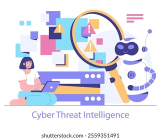 AI Cybersecurity concept. Robot with magnifying glass scanning for threats as professional works on laptop. Digital data protection and network safety. Vector illustration.