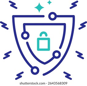 "AI for Cybersecurity" icon shows a shield with a lock and circuit lines, surrounded by lightning bolts. Outlines and colors are editable. Perfect for apps using AI to boost cybersecurity defenses.