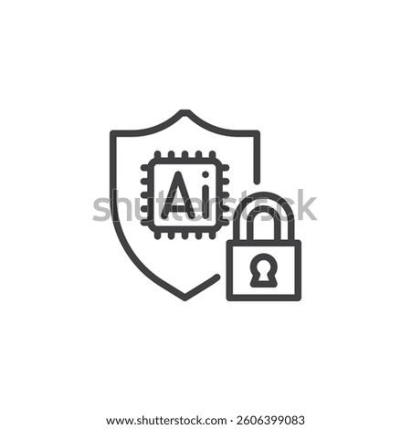 AI Cybersecurity line icon. linear style sign for mobile concept and web design. Shield with a lock and AI chip outline vector icon. Symbol, logo illustration. Vector graphics