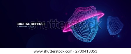 AI Cybersecurity Protection and Digital Shield with Glowing Neon Lines Representing Online Safety and Data Defence. Perfect for Technology Themes. Security Systems. Vector Illustration.
