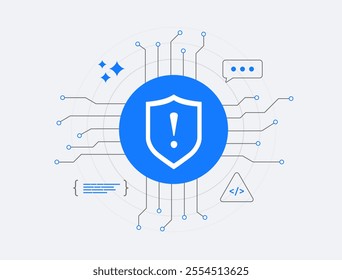 AI cybersecurity risks and machine learning vulnerabilities in digital security. AI security threats, data breaches, hacking risks and advanced protection strategies. Cybersecurity vector illustration