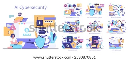 AI Cybersecurity set. Digital defense mechanisms powered by artificial intelligence. User behavior analysis to fishing detection. Vector illustration.