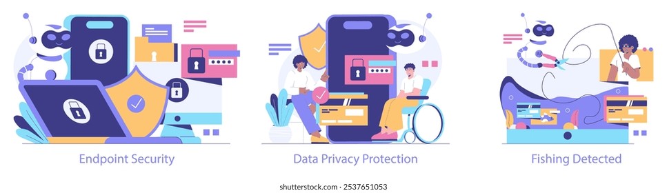 Conjunto de ciberseguridad AI. Protección contra amenazas digitales con tecnología avanzada. Seguridad de endpoints, privacidad de datos, detección de phishing. Ilustración vectorial.