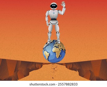 AI cyborg android stand on earth planet ball on a cliff concept of AI vs Humans Risks and Dangers of Artificial Intelligence. Existential risk, helpful assistance