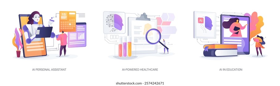 AI in Daily Assistance abstract concept vector illustration set. AI personal assistant, medical diagnosis support, and personalized AI tutoring for students. abstract metaphor.