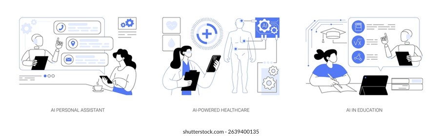 AI in Daily Assistance abstract concept vector illustration set. AI personal assistant, medical diagnosis support, and personalized AI tutoring for students. abstract metaphor.