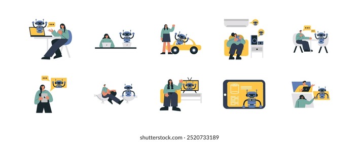AI in Daily Life flat illustration set. Include of technology, future, digital, ai, artificial, and automation. Vector illustration isolated transparent background