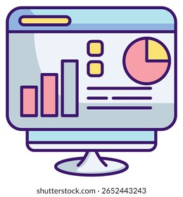 Ícone do painel do AI representado pelo estilo de cor linear do monitor, gráfico, painel e gráfico.