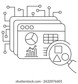 AI data analysis icon. Vector pictogram with thin black lines on transparent background. Editable stroke thickness. Perfect for analytics, reporting, and machine learning dashboards