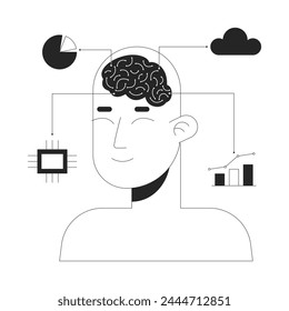 AI data analytics black and white 2D illustration concept. Artificial intelligence brain cartoon outline character isolated on white. Machine learning. Business analysis metaphor monochrome vector art