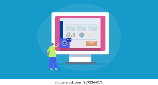 AI data analytics software, Artificial intelligence performing data analysis for business people, Business using AI for data analysis, business decision making -  vector illustration background