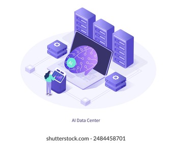 Ai data center industry. Character working with generative model tools at AI server. Artificial intelligence in business concept. Isometric vector illustration.