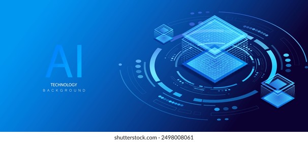 Ai data center server. Working innovation at AI server. Digital brain neural network. Isometric vector illustration.