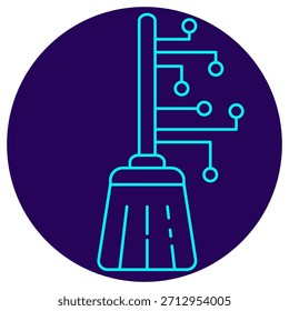 Symbol für die KI-Datenbereinigung. Minimalistische Neonkontur auf dunkelblauem, rundem Hintergrund. Eine stilvolle Vektorgrafik eines digitalen Besens, der mit einer Schaltung verbunden ist, die Datenwäsche, intelligente Filterung und Vorverarbeitung für maschinelles Lernen symbolisiert