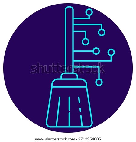AI Data Cleansing Icon. Minimalistic neon outline on a dark blue round background. A stylish vector illustration of a digital broom connected to a circuit, symbolizing data scrubbing, intelligent filtering, and preprocessing for machine learning