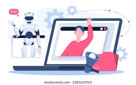 AI data extraction. Woman work with artificial intelligence. Machine learning and process automation. Storage management. Collaboration and cooperation. Flat vector illustration