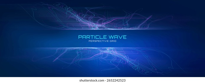 AI data flow abstract background with tech line patterns and neural network connections. 3D blue wave of digital particles for science and future concepts. Vector design suitable for business.
