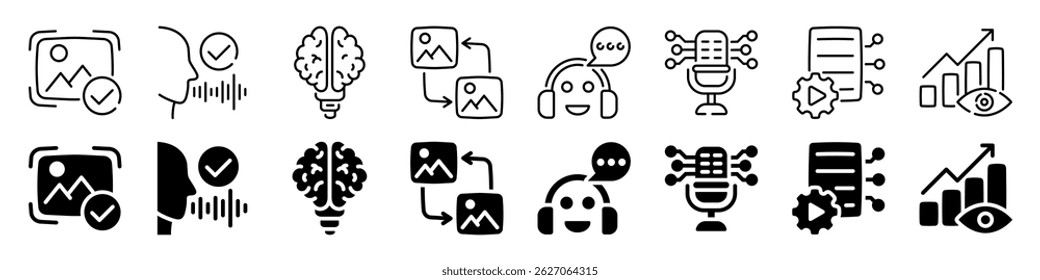 Ai and data interface icon set. Linear and silhouette style.