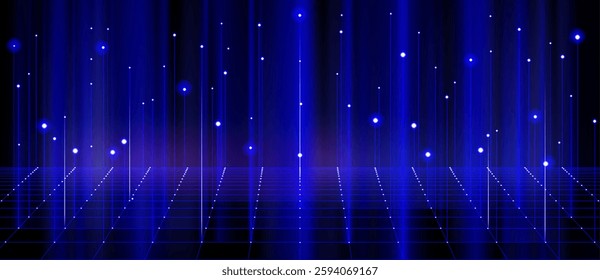 AI data lines on digital blue grid with glowing nodes on dark background. Future technology network visualization. Illuminated vertical connections from bottom surface. Realistic neon matrix pattern.