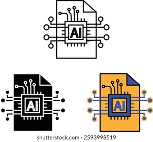 AI Data Processing Icon set– Microchip with Document for Digital Data Storage, Processing, and Artificial Intelligence with Transparent Background.