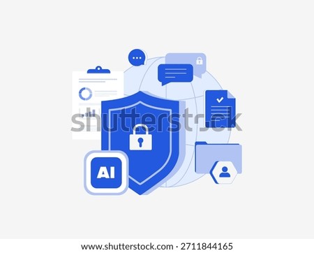 AI data protection officer dashboard concept. Ai-powered DPO cybersecurity dashboard compliance monitors threats network cloud software management analytics server. Isolated flat vector illustration