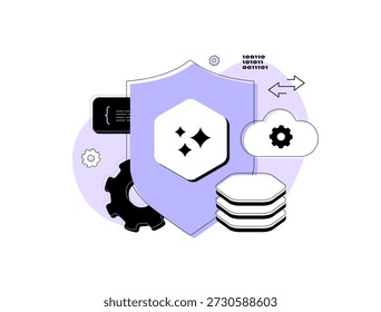 El escudo de protección de datos de IA protege las bases de datos en la nube y las secuencias de código binario. Cifrado de IA, ciberseguridad, privacidad, procesamiento seguro, inteligencia artificial, Ilustración vectorial de concepto de tecnología